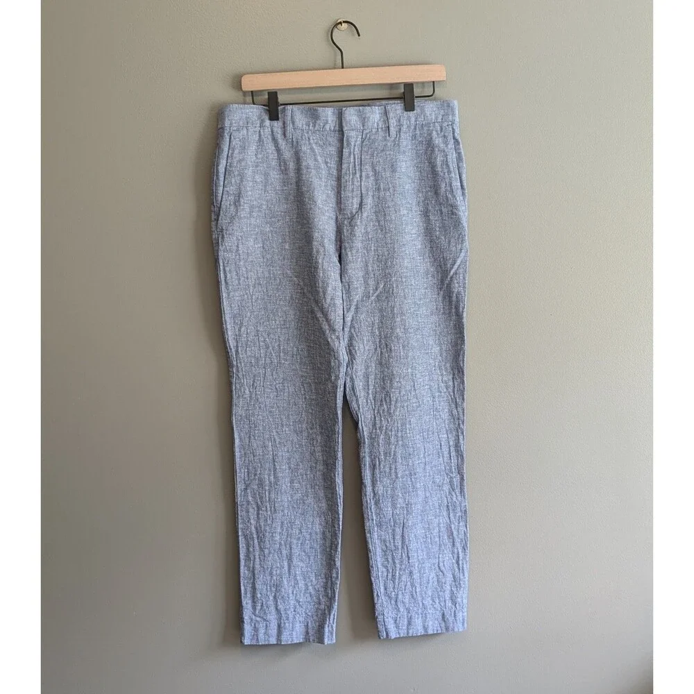 Perry Ellis Mens 32x30 Linen Blend Pants Light Blue Slim Fit Chino Flat Front